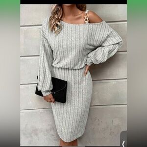 SHEIN LUNE Metallic Button Asymmetric Neckline Lantern Sleeve Ribbed Kni…